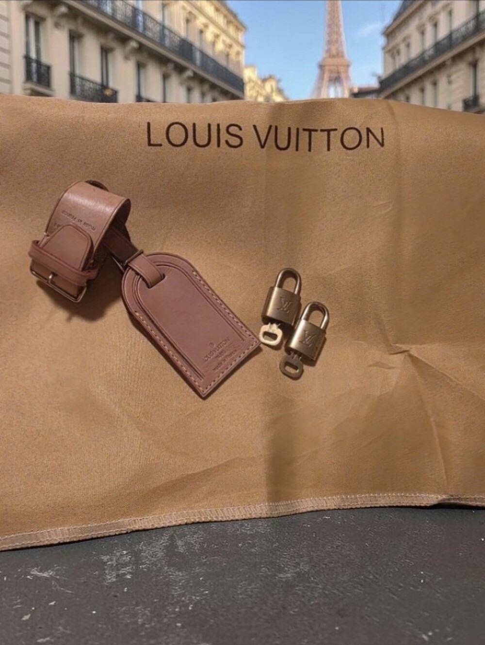 Louis Vuitton Luggage Tag, Dust Bag, and Padlock Set